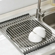 Black, Collapsible Dish Rack For Over-The-Sink Use, Made Of Stainless Steel, Kitchen Storage Accessory, For Storing Sponges, Cups, Fruit And Vegetables, Including Drying Mat, 35 * 43 Cm - Silver - View 6