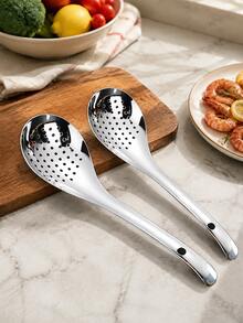1/2Pcs Stainless Steel Slotted Spoon Set, Kitchen Strainer Ladle With Long Handle, Perforated Cooking Spoon For Soup, Pasta And Frying Food - Multicolor - View 10