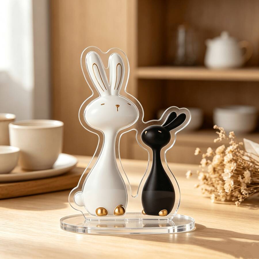1pc 2D Flat Acrylic Black White Gold Couple Rabbit Stand, Minimalist Modern Desktop Decor For Living Room Home Atmosphere