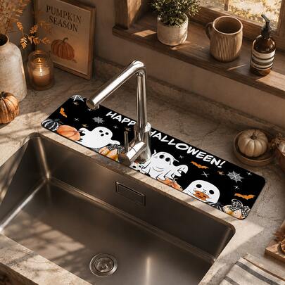 1pc Halloween Faucet Mat, Create Holiday Atmosphere, Bathroom Faucet Splash Guard, Waterproof Anti-Slip Faucet Mat, Kitchen Countertop Accessory, Kitchen Dining Table Accessory, Sink, Moisture-Proof Absorbent Mat, Absorbent Drainage Mat, Multi-Functional Absorbent Anti-Slip Mat