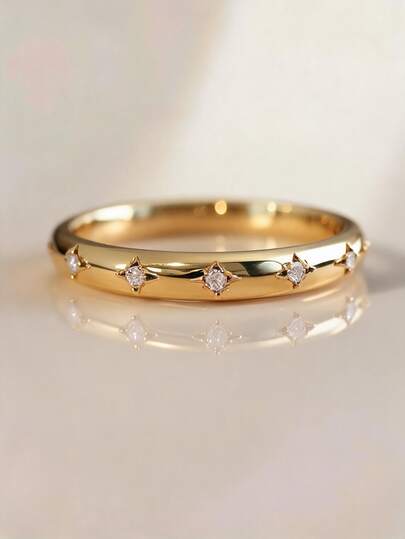 1pc 18K Gold Plated Luxury Women's Star-Shaped Zirconia Ring, Unique Diamond Ring, Suitable For Women And Girls Daily, Party Decoration And Holiday Gift
