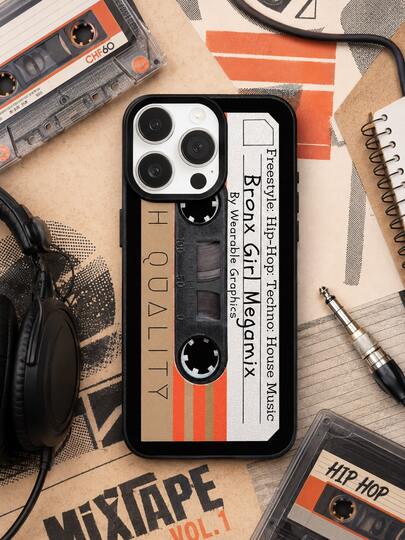1PC Case Compatible With Iphone 17 16 15 14 13 Pro Retro Hip-Hop Cassette Tape Phone Case, Bronx Girl Megamix Music Tape Print Street Style Full-Wrap Black Frame Shockproof Soft Protective Cover