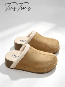 Women's Fashion Rivet Plush Lining Thick Sole Mule Slippers, Slip-On Round Toe Closed Toe Half-Slipper, Warm Casual Outdoor Thermal Slippers For Autumn/Winter - Light Khaki - View 3