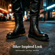Vintage Cross Ring Rivet Men's Motorcycle Boots, Side Zipper Round Toe Flat Thick Sole Mid-Calf Boots, Suitable For Autumn/Winter - Black - View 3