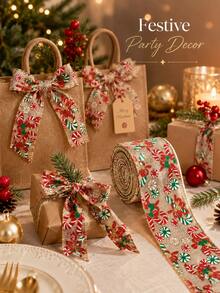 1 Roll Reusable Christmas Gift Wrapping Ribbon, Candy Cane & Snowflake Print, Holiday Decoration Satin Ribbon Roll, Suitable For Gift Boxes, Wreaths, Christmas Tree Decoration, Party And Home Decor, Pattern Position May Vary Due To Cutting - Multicolor - View 2