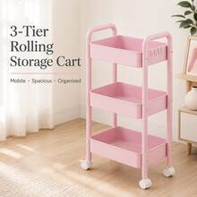 1pc 3-Tier Large Capacity Mobile Storage Cart, Storage Rack, Trolley, Metal Thickened Frame Pink Minimalist Style, With Handle, Hooks, Universal Wheels, Hollow Drainage Storage Basket, Snack, Miscellaneous, Skincare Product Storage Rack, Suitable For Bedroom, Office, Living Room, Kitchen, Bathroom, Dorm, Rental Apartment Daily Home Storage - Multicolor - View 9