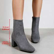 Women's Gray Solid Color Faux Suede Ankle Boots, Square Toe, Chunky Heel, Side Zipper, Versatile Commuter Style, Autumn/Winter - Grey - View 3