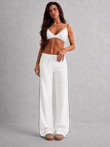 Women's Low-Rise Modal Knit Drawstring Wide-Leg Pants With Contrast Piping - Black and White - View 5