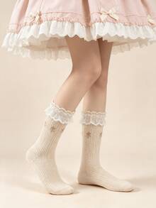 1/5 Pairs Vintage Mori Style Bow Lace Trim Mid-Calf Socks - Multicolor - View 14