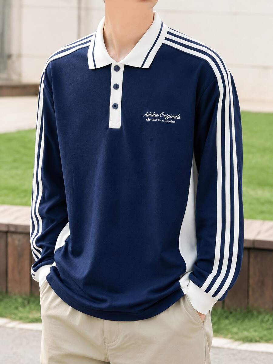 Adidas Men's POLO LS Soft Comfortable Contrast Collar Long Sleeve Top KW5687 - Deep Indigo/Han Jade White - View 1