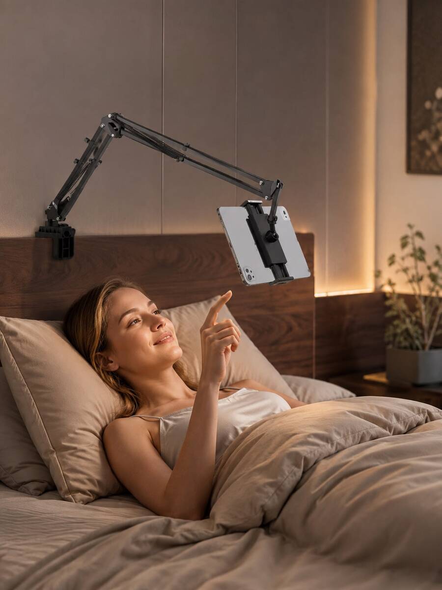 Bed Tablet Holder, Adjustable Long Arm Phone Clamp, 360° Rotating Slouchy Arm Metal Clamp Mount, Foldable Overhead Smartphone & Tablet Stand For Desk Bedside Bed Edge, Recording Live Streaming, Hands-Free Viewing, For 4-13 Inch Devices Kindle