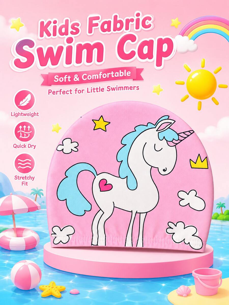 Children's Cartoon Print Silicone Swim Cap, Unicorn & Mermaid Pattern, High Elasticity Ear Protection Swimming Cap, Suitable For Pool Training, Swimming Lessons And Beach Activities - Baby Pink - View 1