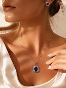 1 Set Heart Blue Stone Jewelry Set For Women Pave Halo Necklace Stud Earrings Elegant Daily Party Wedding Gift - Silver - View 4