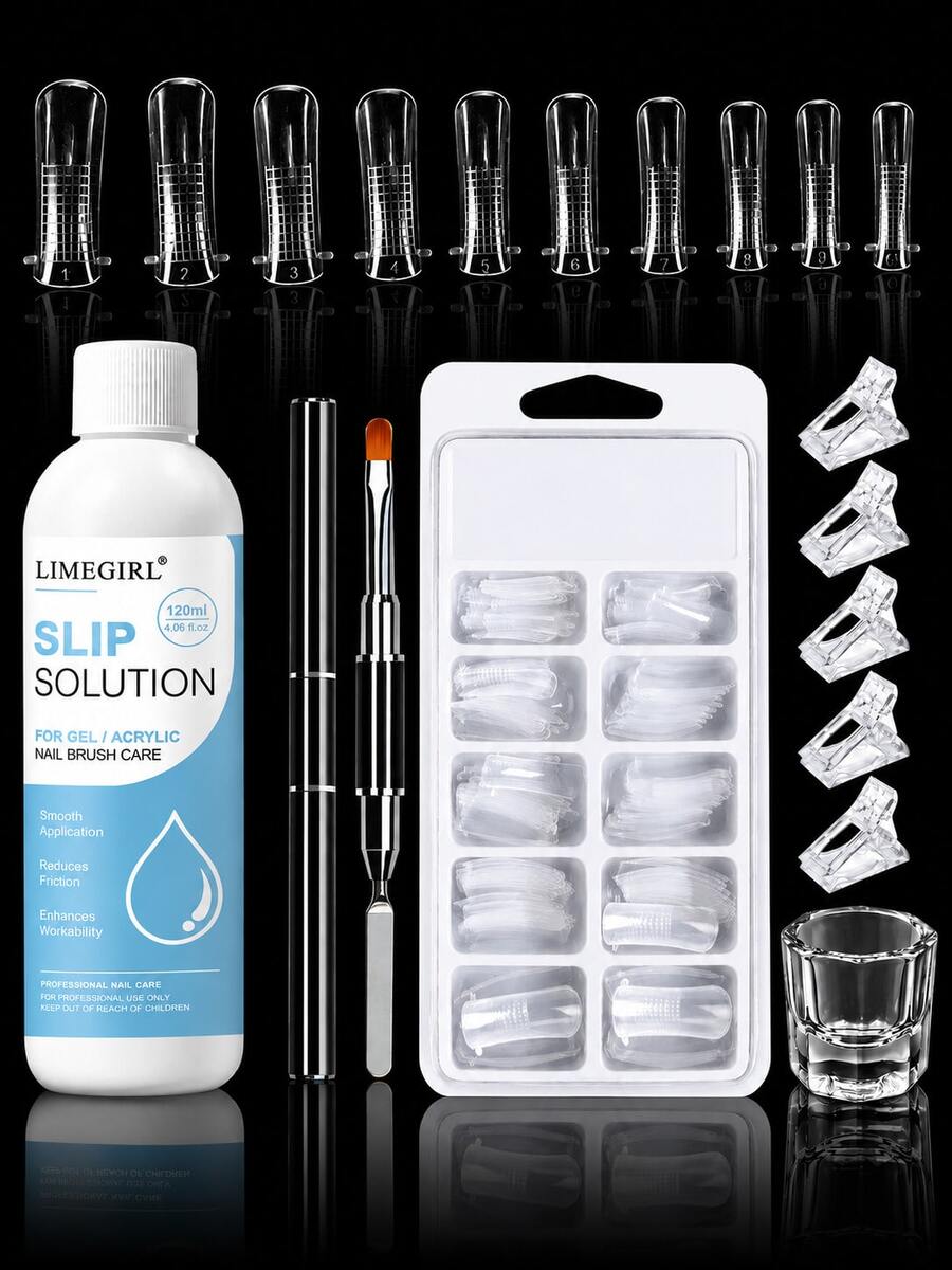 LIMEGIRL Nail Extension Kit, 4.06OZ Slip Solution Anti‑Stick Liquid For PolyGel Nails, 10 Sizes Nail Forms, Nail Tips, Nail Clips & Dual‑Ended Nail Brush Tool Set For Beginners - Multicolor - View 1