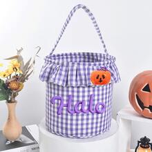 Personalized Ruffle Halloween Storage Basket, Customizable Name Plaid Trick Or Treat Bag, Halloween Candy Bucket, Halloween Gift Storage Bin, Coquette Halloween - Multicolor - View 38