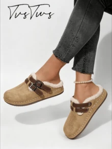 Women's New Casual Streetwear Double Buckle Thermal Lined Shoes, Round Toe Thick Sole Closed Toe Slippers, Warm Autumn/Winter Casual Outdoor Thermal Slippers - Light Khaki - View 3
