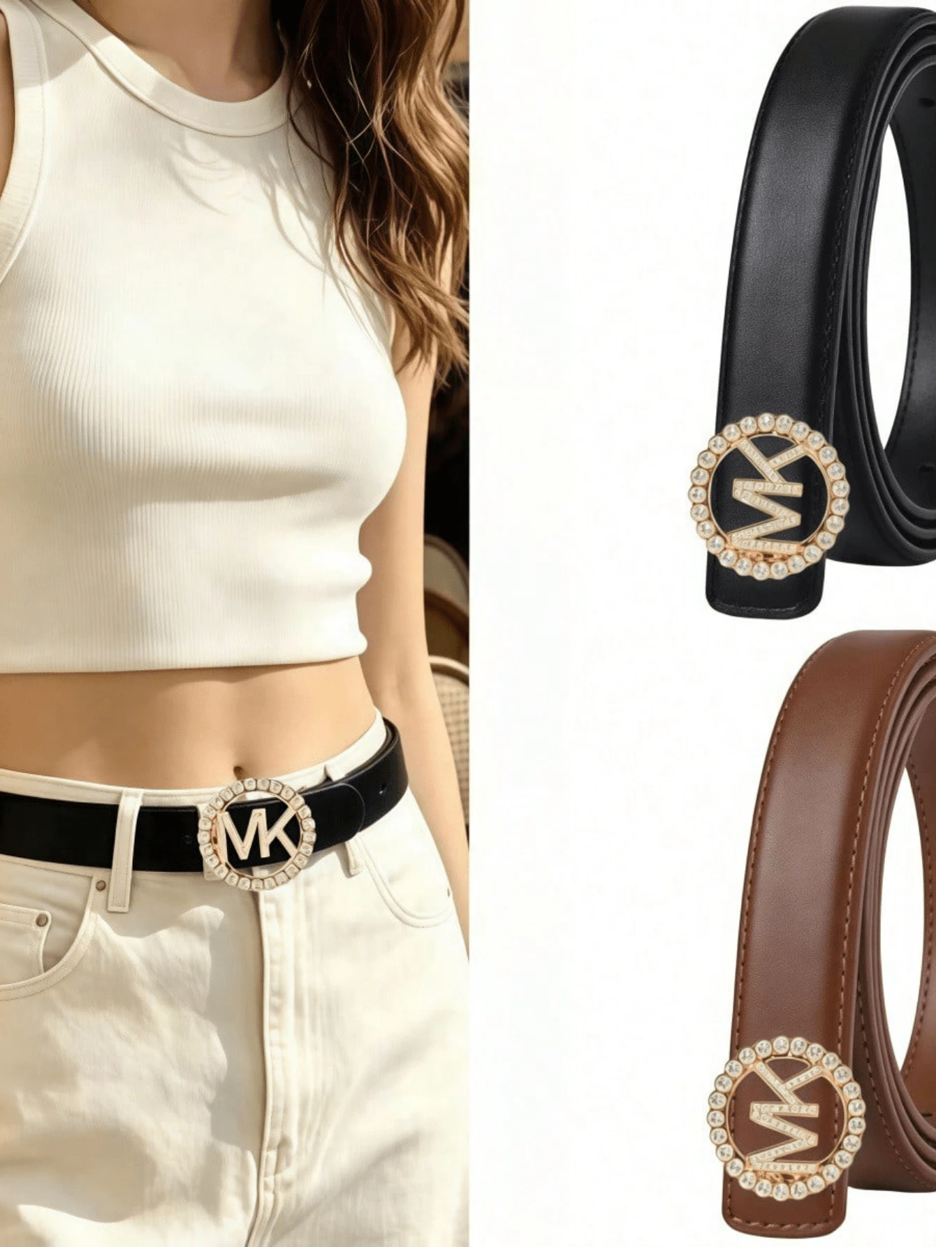 Women's Letter Rhinestone Belt With Metal Buckle, Fashionable Versatile Waist Belt - Multicolor - View 1