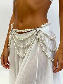 1件裝銀色珍珠腰鍊，多股人造珍珠身體鍊附水滴墜飾，波希米亞海濱風女性嘻哈鍊，海灘節慶派對飾品 - 銀色 - 查看 4