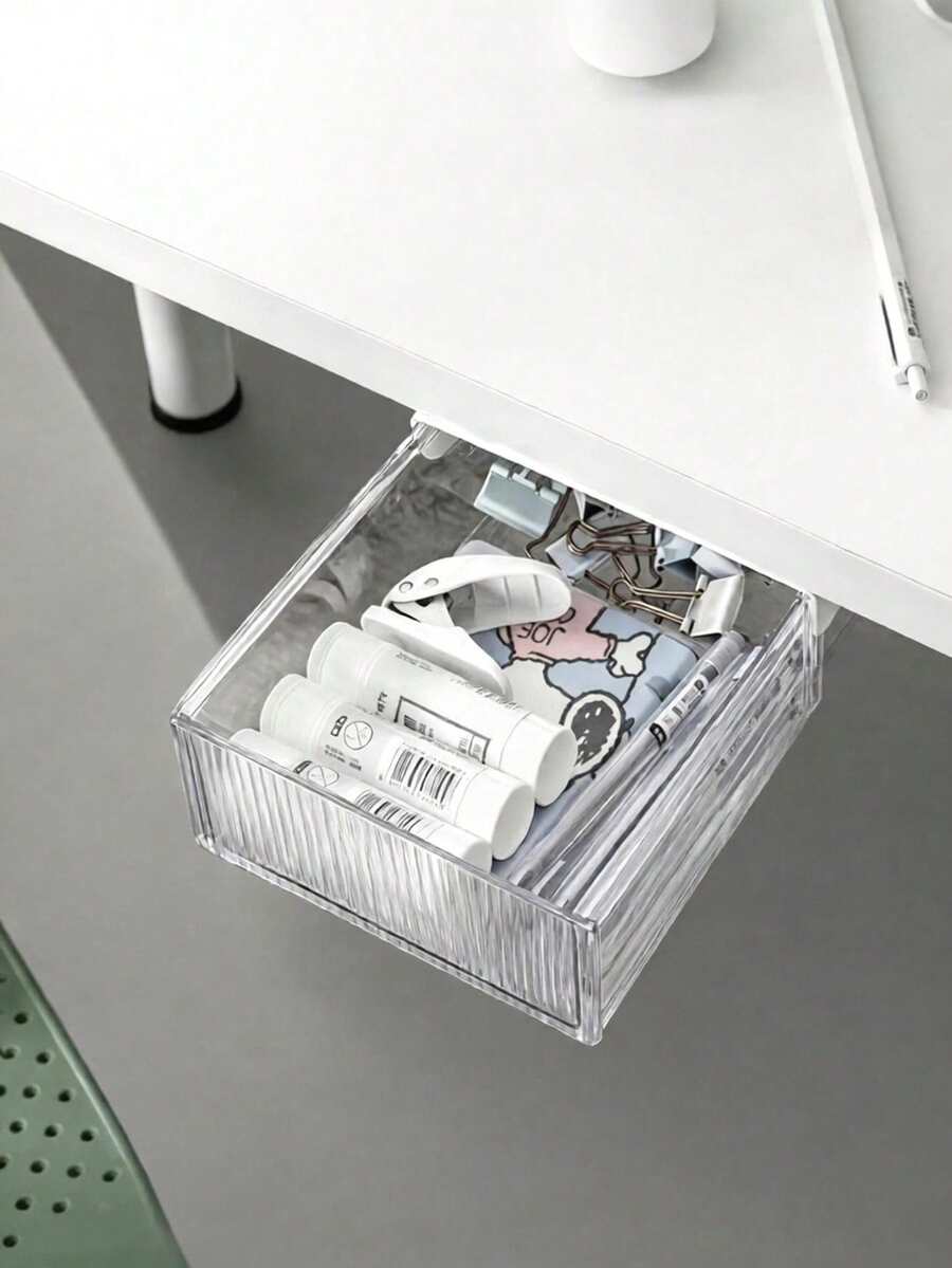 1pc Minimalist Transparent Acrylic Under-Desk Drawer Storage Box, No-Drill Self-Adhesive Hidden Hanging Storage Tray, Suitable For Office, Home, Student Desk, Dorm Stationery And Miscellaneous Items