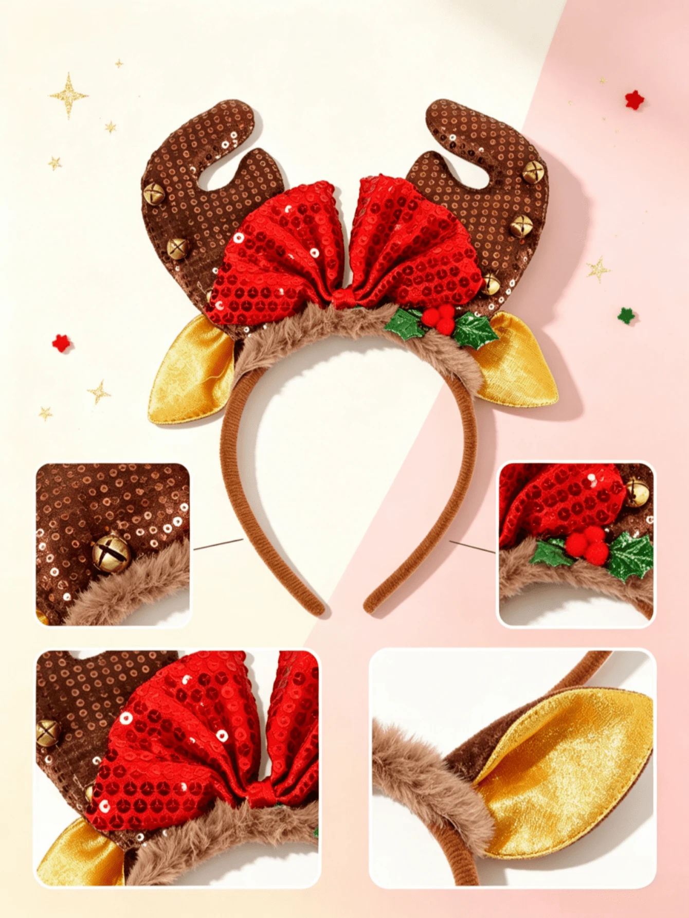 1pc Christmas Party Headband With Sequin Bow, Deer Horns And Bells, Suitable For Holiday Party Costume And Daily Hair Accessory,Halloween - Multicolor - View 1