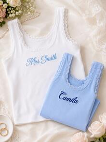 Personalized Embroidered Lace Tank Top, Custom Embroidery Modal Tank Bridal Shower Gift, Engagement Gift Bachelorette Party, New Mrs. Tank - Multicolor - View 4