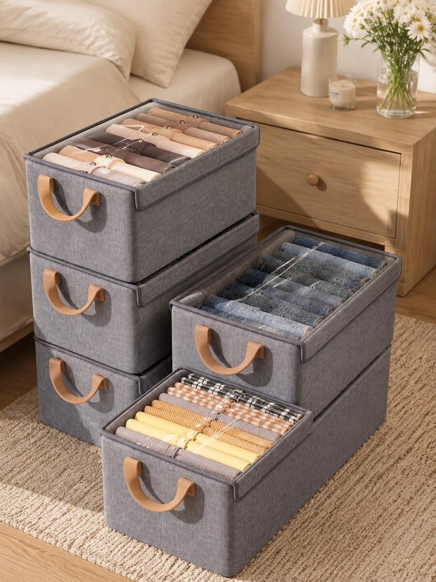 3/1 Pc Lidded Storage Box, 47x28x20cm Foldable Clothes Organizer Bin, Stackable Dustproof Storage Container For Underwear Pants Wardrobe, Large Capacity For Bedroom Closet Dorm Shelf, Space Saving Home Organization, Toy Storage, Housewarming Gift - Multicolor - View 1