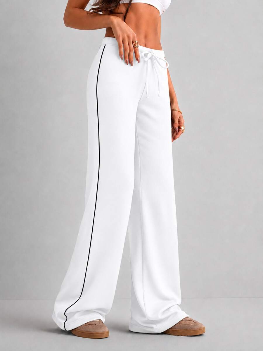Women's Low-Rise Modal Knit Drawstring Wide-Leg Pants With Contrast Piping - Black and White - View 1