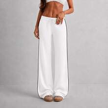 Women's Low-Rise Modal Knit Drawstring Wide-Leg Pants With Contrast Piping - Black and White - View 3
