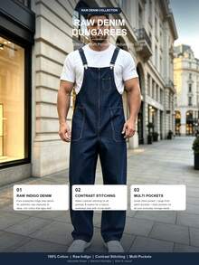 Men's Raw Denim Dungarees Contrast Stitch Straight Leg Overalls - Navy Blue - View 5
