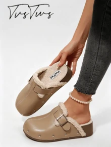 Women's Vintage Metal Buckle Rivet Plush Lining Thick Sole Wedge Heel Shoes, Round Toe Closed Toe Half-Slip-On, Personalized Fashion Warm Outdoor Thermal Slippers - Khaki - View 3