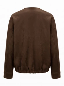 Women's Brown Suede Jacket, Suitable For Autumn, Winter, Spring, Loose Baseball Style, Oversized Casual Street Vacation Daily Wear, Long Sleeve Full Zip Pocket Baseball Collar Women's Jacket, Flight Jacket - Rust Brown - View 8