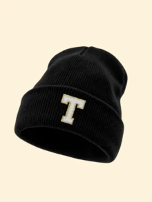 1pc Unisex Knitted Cuffed Beanie Cap With A-Z Letter Chenille Embroidered Patch, Soft‑Touch Warm Winter Casual‑Chic Headwear For Weekend Trips - Black - View 37
