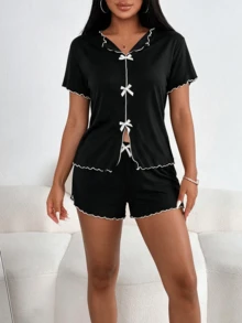 2 Pieces Set Woman Women Wavy Trim Bow Decor Pajama Set, Front Split Short Sleeve Top And Elastic Waist Shorts, Soft Home Loungewear - Black - View 4