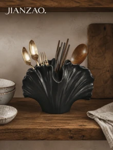 1pc Wabi-Sabi Style Ginkgo Leaf Tableware Storage Rack, Black Spotted White Multi-Compartment Utensil Holder, Large Capacity Chopsticks Spoon Fork Storage Bucket, Rustic Farmhouse Kitchen Countertop Homestay Decor Gift - Seashell Cutlery Organizer - View 3