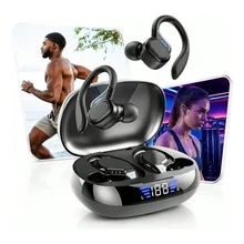 Fone de ouvido preto esportivo premium com gancho, sinal Bluetooth 5.3 constante, compatível com celulares , ,  e  para lazer e exercícios - Visão 13