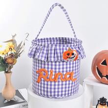 Personalized Ruffle Halloween Storage Basket, Customizable Name Plaid Trick Or Treat Bag, Halloween Candy Bucket, Halloween Gift Storage Bin, Coquette Halloween - Multicolor - View 42