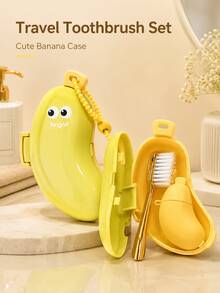 Cute Banana Shaped Toothbrush Holder Set, Plastic Portable Travel Toothpaste Squeezer, Fun Cartoon Eye Print, Hanging Rope Decoration, Dustproof Mini Storage Rack, Suitable For Travel, Camping, Bathroom Daily Use, Vacation Travel Accessory - Multicolor - View 1