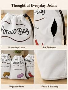 Modern Rectangular Drawstring Vegetable Storage Bag Set With Printed Potato Onion And Pepper Designs, Side Zipper Access And Easy Carry Cords, Kitchen Pantry Organizer Bags For Home, Apartment, Dorm, Housewarming, Harvest Season And Daily Use. - Multicolor - View 9