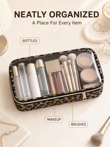 1pc Leopard Print Transparent Makeup Bag, Large Capacity Clear Cosmetic Storage Pouch, Portable Zipper Travel Toiletry Organizer, Suitable For Cosmetics, Brushes And Bottled Products, Women's Vacation And Hotel Accessories - Multicolor - View 4