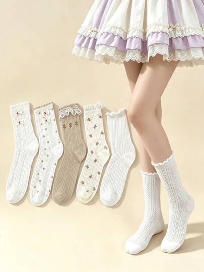 1/5 Pairs Vintage Mori Style Bow Lace Trim Mid-Calf Socks