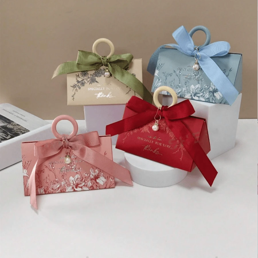 10pcs Luxury Floral Handheld Wedding Candy Boxes, Plastic Ring + Satin Bow Pearl Decoration, Morandi Multicolor Paper Gift Bags, Suitable For Wedding Party, Bridal Shower, Guest Souvenirs, Jewelry, Candle Gift Packaging - A - View 1
