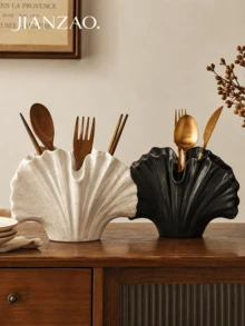 1pc Wabi-Sabi Style Ginkgo Leaf Tableware Storage Rack, Black Spotted White Multi-Compartment Utensil Holder, Large Capacity Chopsticks Spoon Fork Storage Bucket, Rustic Farmhouse Kitchen Countertop Homestay Decor Gift - Seashell Cutlery Organizer - View 11