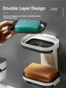 1pc Wall-Mounted Soap Holder, Modern Minimalist Style, High-Quality Durable ABS-PP Composite Material, Double-Layer Drainage Tray, Horizontal And Vertical 2-Way Installation Design, Bathroom Sink Soap Storage Organizer, Home Bathroom Decor, Suitable For Winter - Soap Box - View 3
