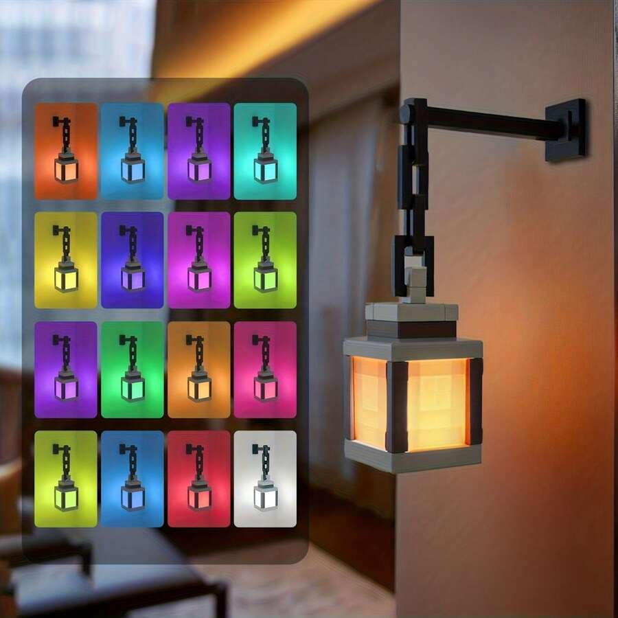 Pixel Lantern Night Light, 16-Color LED Wall-Mounted Ambient Light, With Remote Control, Rechargeable, Desktop Mountable, Cosplay Bedroom Decor Light - Multicolor - View 1
