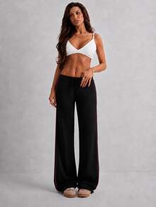 Women's Low-Rise Modal Knit Drawstring Wide-Leg Pants With Contrast Piping - Flame scarlet - View 3