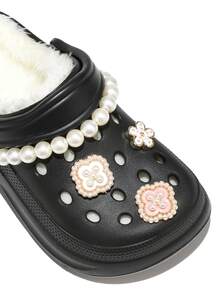 Children's Hollow Garden Clogs With Plush Warm Lining, Elegant Pearl Ballet Style Shoe Decor, Indoor And Daily Wear Slippers - Black - View 6
