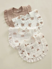 2pcs Soft Comfortable Lace Trim Bibs, Cute Baby Drool Bibs, Suitable For All Seasons Daily Use - Multicolor - View 3