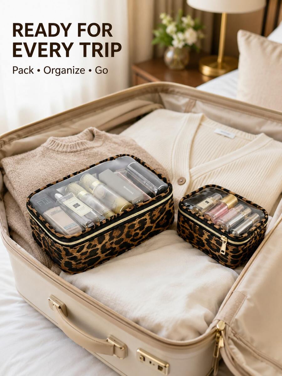 1pc Leopard Print Transparent Makeup Bag, Large Capacity Clear Cosmetic Storage Pouch, Portable Zipper Travel Toiletry Organizer, Suitable For Cosmetics, Brushes And Bottled Products, Women's Vacation And Hotel Accessories - Multicolor - View 1