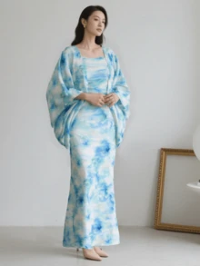 Elegant Women's Tie-Dye Open Front Cardigan And Dress Set For Wedding, Vacation, Date And Daily Wear - Blue - View 4
