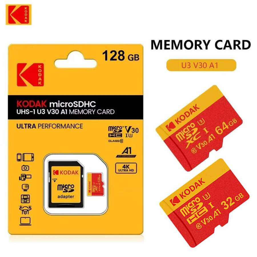 Kodak MicroSD Card 32GB 64GB 128GB High Speed MicroSDXC TF Memory Card With SD Adapter, Class 10 U3 V30 A1 Up To 100MB/S, 4K Video Storage Card For Smartphone, Camera, Game Console, Action Camera And Security Camera